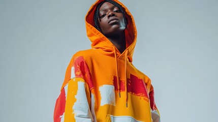 A vibrant hoodie, adorned with bold orange and yellow hues, stood majestically on a pristine white backdrop, ready to capture the attention of fashion enthusiasts.
