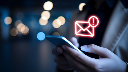 Spam or Phishing Email Alert – Glowing Red Email Notification on Smartphone, spam email alert, phishing email warning, cybersecurity awareness, email scam notification