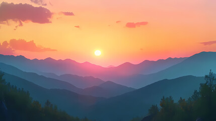 Obraz premium Sunset over mountains with colorful sky and trees