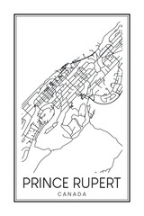 Hand drawn printable downtown road map poster of the Canadian city of PRINCE RUPERT on solid white background with city name