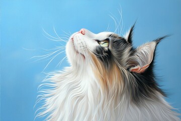 Fototapeta premium A beautiful Maine Coon cat gazing upwards against a blue background
