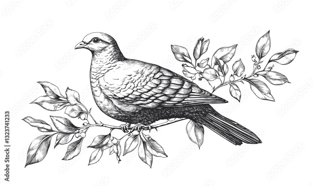Poster detailed bird sitting on a branch, linear style icons set, vector.