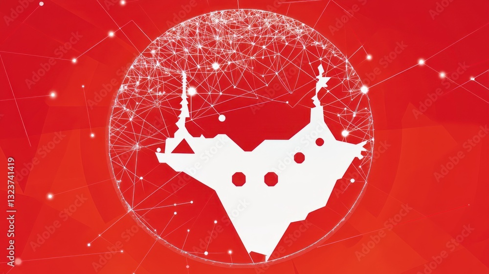 Poster abstract white object with geometric shape and dots within a glowing spherical network against red b