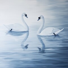 Fototapeta premium Two swans swimming in a calm lake, forming a heart shape with their necks, symbolizing love and serenity in nature. Generative AI.