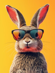 Fototapeta premium Cool bunny with sunglasses on a bright yellow background