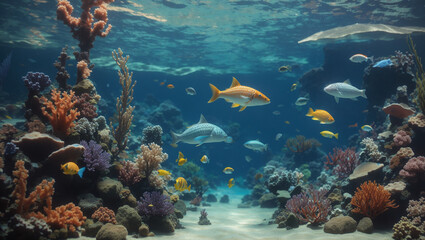 Naklejka premium A computer-generated fish swims in front of a reef. The image is submitted to Adobe Stock as fictional.