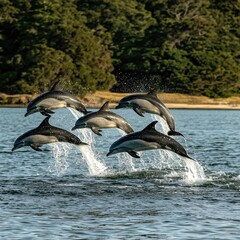 Obraz premium A group of dolphins leaping out of the ocean, showcasing their playful nature and the beauty of marine wildlife. Generative AI.