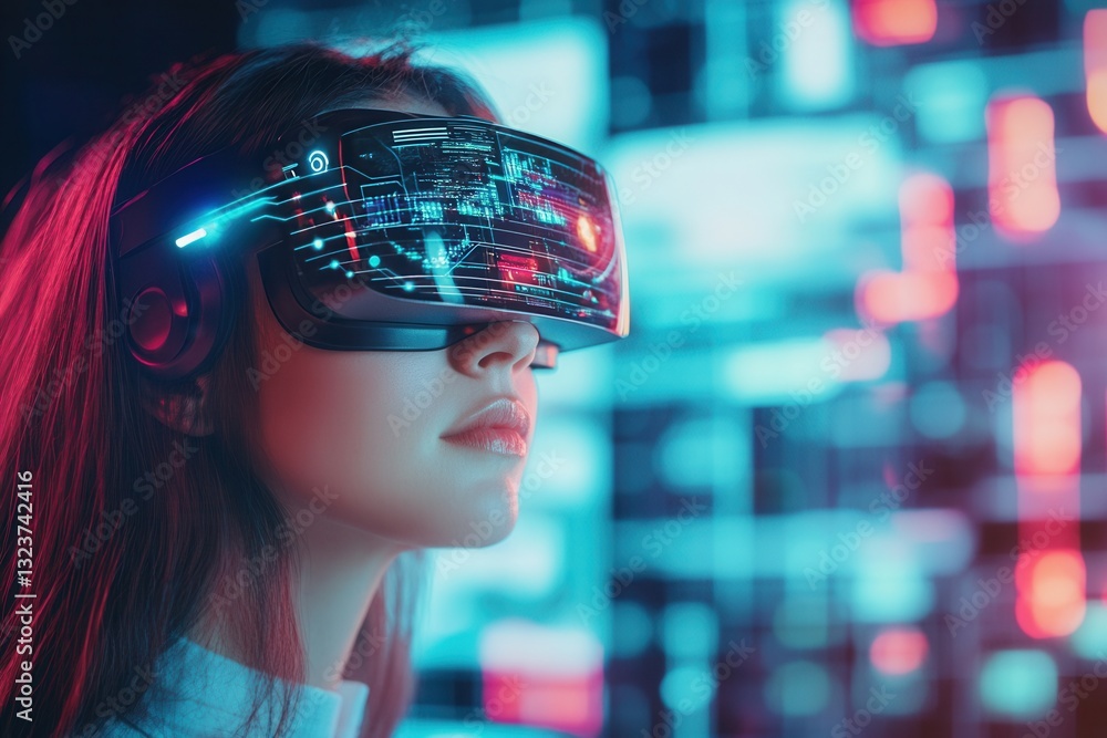 Poster mixed reality concept with augmented reality interface and holographic elements featuring a female u