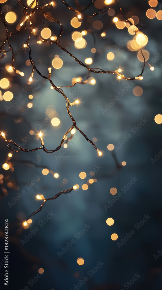 Poster enchanted lights: a magical backdrop of twinkling fairy lights draped across a shadowy branch create