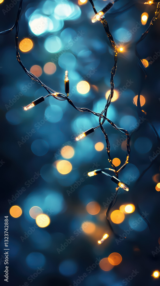 Poster glowing string lights in the dark: a captivating close-up of string lights illuminates the darkness 