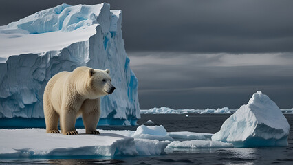Naklejka premium Solitary Polar Bear on Ice Floe Majestic Creature Amidst Arctic Landscape Vulnerable Beauty and Stark Environment Climate Change Symbol 