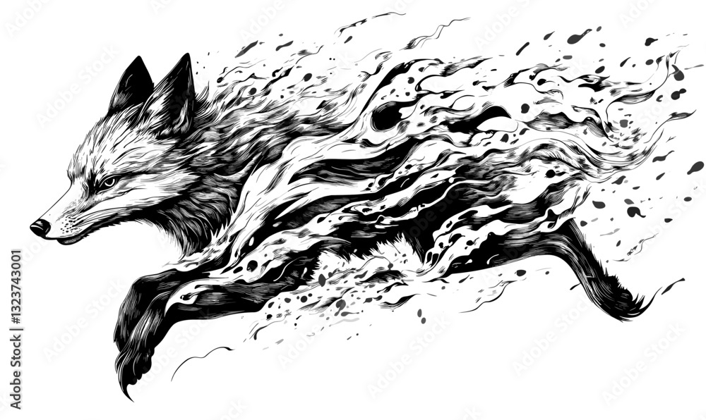 Aufkleber dynamic fox in motion with fluid elements, linear style icons set, vector.