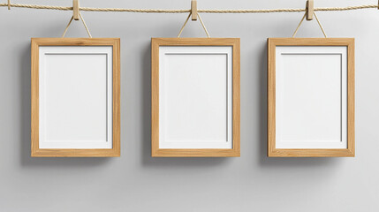 three blank wooden picture frames hanging