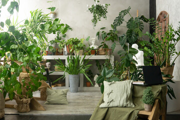 A fragment of the interior with a variety of indoor plants and plaster sculptures. Urban jungle...