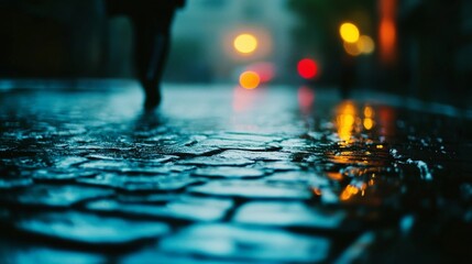 Rain-soaked cobblestones glisten under city lights, while silhouettes walk through this atmospheric night scene, embodying urban mystery.