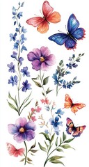 Obraz premium Vibrant Watercolor Flowers and Butterflies