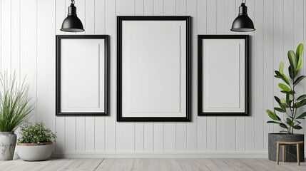 modern interior with blank picture frames