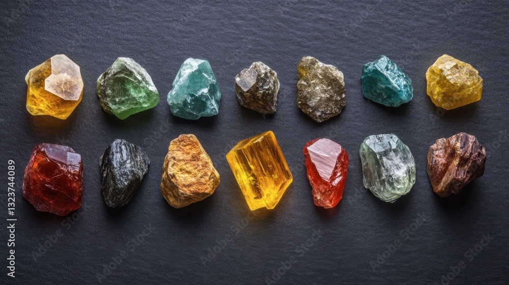 Poster raw and uncut gemstones in various shapes and colors displayed artistically.