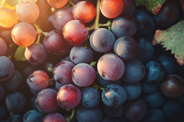 bunch of ripe red and purple grapes glowing under warm sunlight with soft shadows