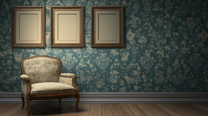 vintage armchair with elegant frames on floral wallpaper