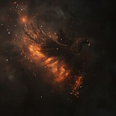 Majestic black phoenix rising from ashes, surrounded by smoke and fire. Rebirth, transformation, mythology, power, resilience, legendary symbolism. Generative AI.