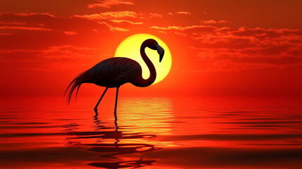 Naklejka premium 日本の夕陽を背に佇むフラミンゴの幻想的なシルエット