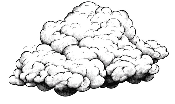 Hand-drawn cloud illustration in black and white, linear style, icons set vector.