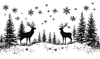 Winter forest scene with deer and snowflakes, flat icons set, vector.