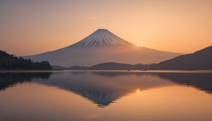 Naklejka premium Majestic Mount Fuji with Snow-Capped Peak and Reflection