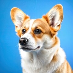 A corgi dog with brown and white fur, pointy ears, and a happy expression, set against a solid light blue background