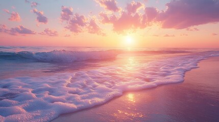 Ocean waves crashing on sandy beach at sunset with colorful clouds (1)