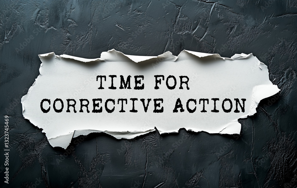 Fototapete time for corrective action message written on ripped torn white paper piece on dark background. conc