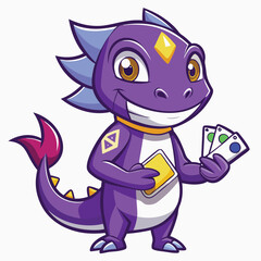 Obraz premium mascot illustration of purple lizard with cards. Abstract cute paper cut chameleon. minimalist head logo, Icon, element. Vector illustration