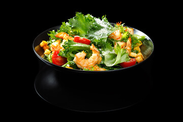 Caesar salad with shrimp, romaine lettuce, Parmesan cheese, croutons, and Caesar dressing. Gourmet restaurant serving, studio lighting.