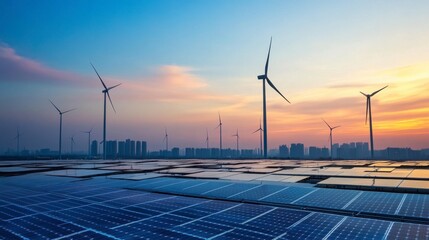 Wind turbines and solar panels complementing each other at an industrial facility, reinforcing the importance of clean energy sources.
