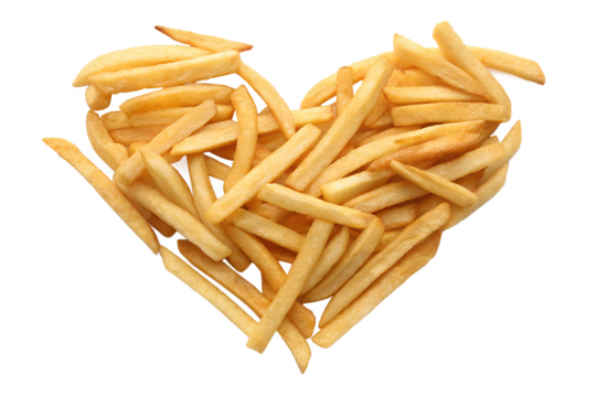 A pile of french fries is arranged in the shape of a heart isolated on transparent background
