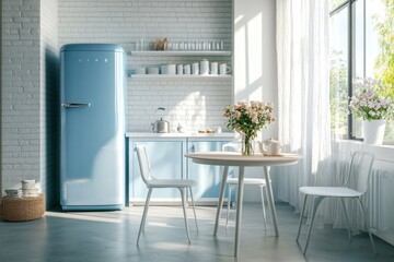 Sunny kitchen with blue refrigerator, white table and chairs.