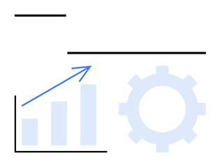 Bar chart with upward arrow, large gear icon. Ideal for business, growth, analytics, development, technology, optimization strategy. Flat simple metaphor