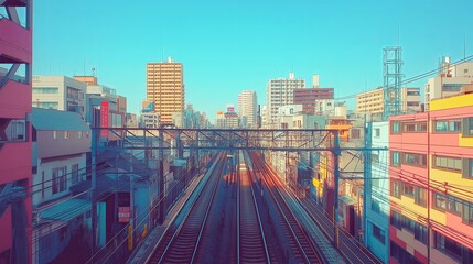 Obraz premium A colorful cityscape viewed from the top of a high-speed train