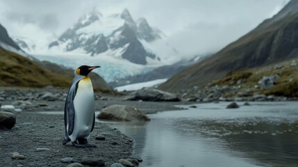 Fototapeta premium A lone penguin stands by a serene river in an icy landscape, framed by majestic snow-capped mountains under a cloudy sky, epitomizing solitude and wonder.