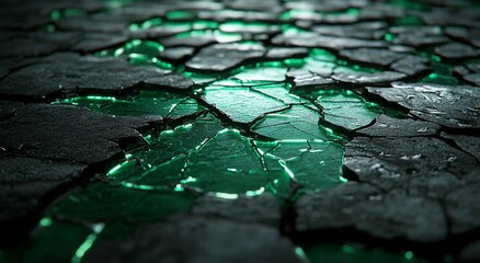 Cracks on the ground revealing glowing green liquid, dark background, use wallpaper
