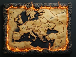 Burned map of Europe with orange flames surrounding it and black background