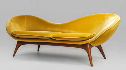 Curved yellow velvet sofa with wooden legs designed for modern interior decoration and comfort
