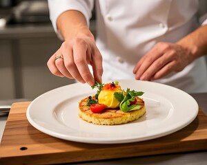 Modern food stylist decorating meal for presentation in restaurant. Closeup of food stylish. Restaurant serving.