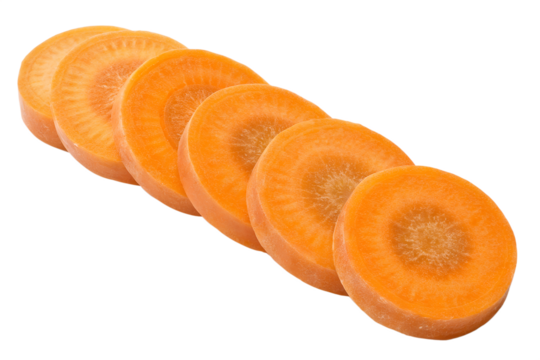 A carrot is sliced into six pieces isolated on transparent background