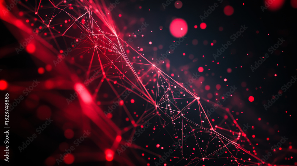 Poster abstract representation of interconnected nodes and lines in vibrant red hues against a dark backgro