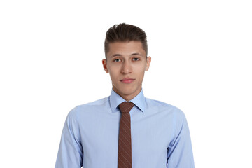 Handsome young man in formal outfit on white background
