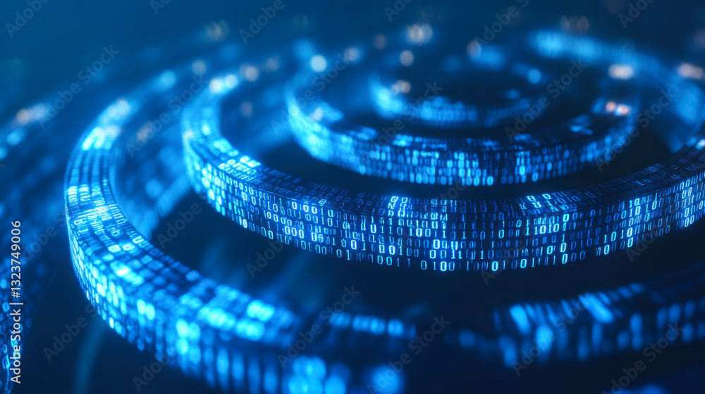 Fototapete Digital information swirling in blue binary code spirals against a dark background