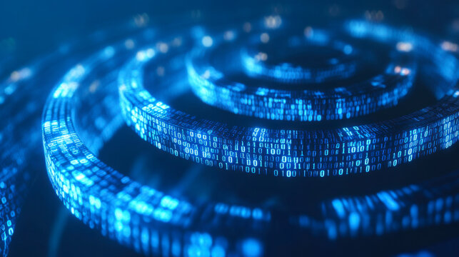 Digital information swirling in blue binary code spirals against a dark background