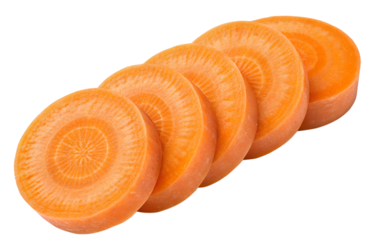 A carrot is sliced into five pieces isolated on transparent background